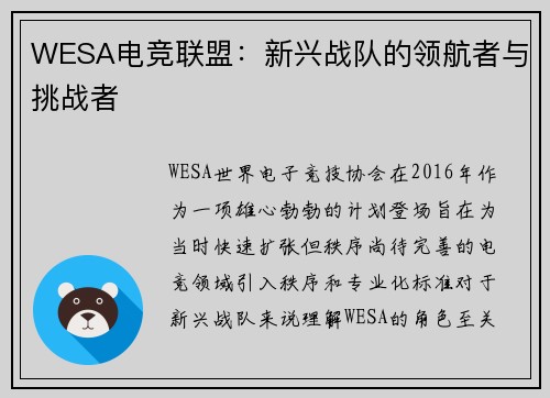 WESA电竞联盟：新兴战队的领航者与挑战者