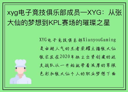 xyg电子竞技俱乐部成员—XYG：从张大仙的梦想到KPL赛场的璀璨之星